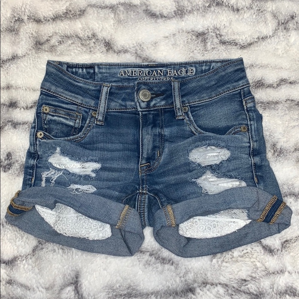 american eagle denim shorts with lace pockets